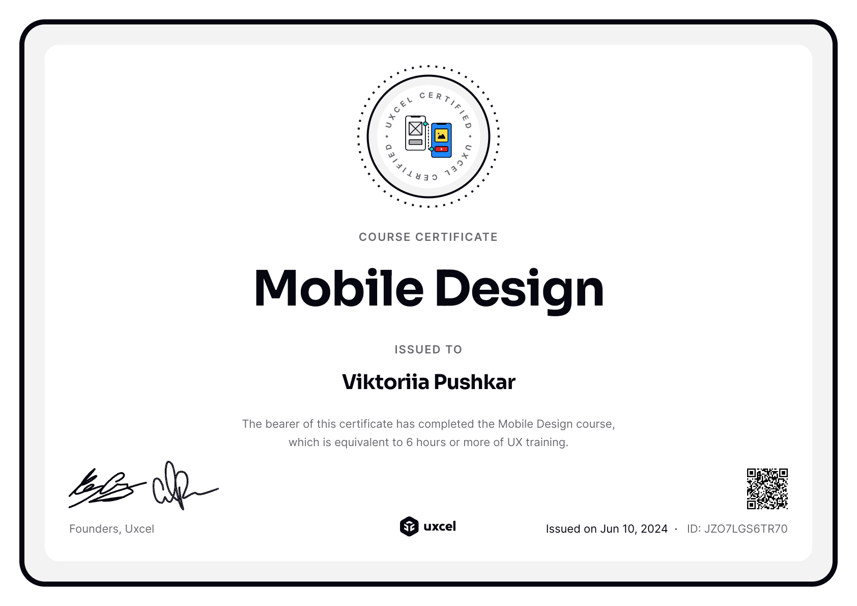 Viktoriia Pushkar's certificate